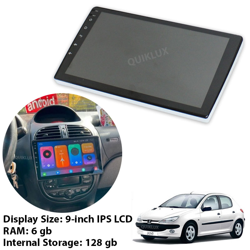 مانیتور 9 اینچ Rock Strem - 4K QLED Car Play AHD DSP pro 8 هسته ای رم 6 حافظه داخلی 128 مناسب پژو 206