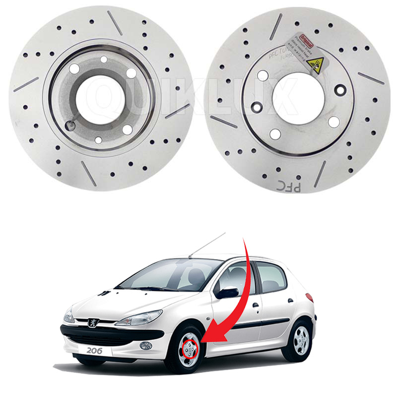 دیسک ترمز PFC سوراخ دار شیار دار چرخ جلو پژو 206 تیپ 2 و 3 - مدل توربو